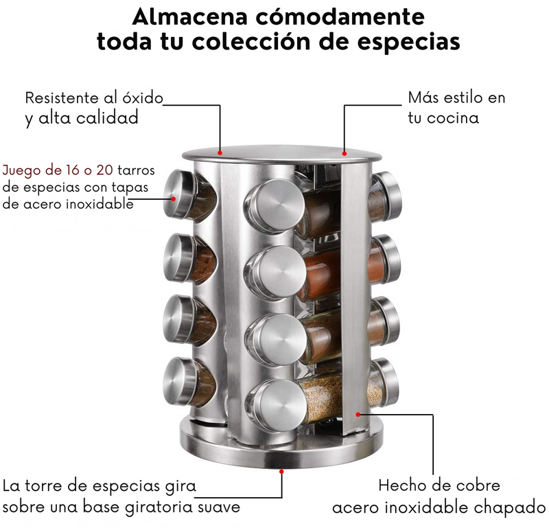 Especiero de Cocina Giratorio en Vidrio Acero y Inoxidable